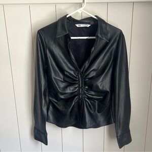 Zara vegan leather runched blouse